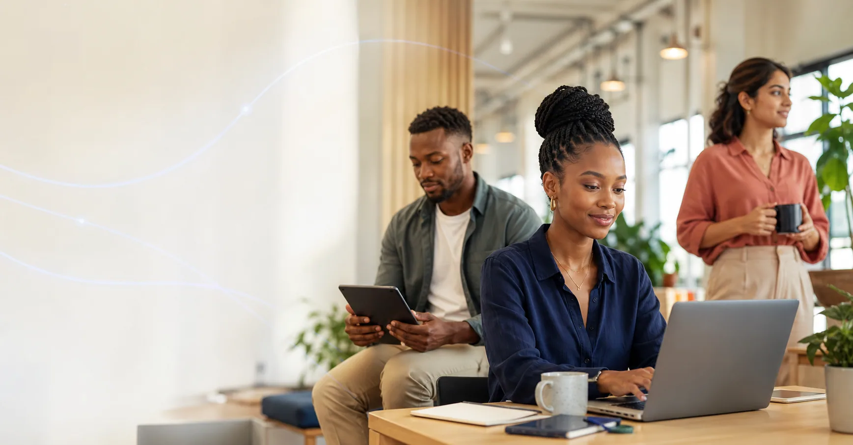 Professionals exploring new career opportunities in a bright collaborative workspace